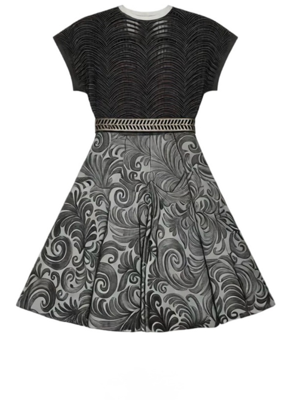 Bryan Lars, Silver & White Patterned Short-Sleeve Dress with Silver Accent Belt - Picture 3 of 4